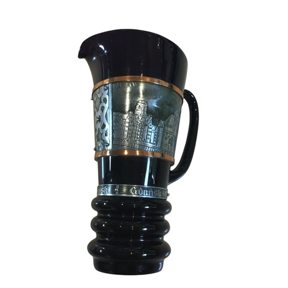 VTG Gdańsk Poland Souvenir Pitcher & Goblet Set – Amethyst Glass & Metal Etching - Picture 15 of 16